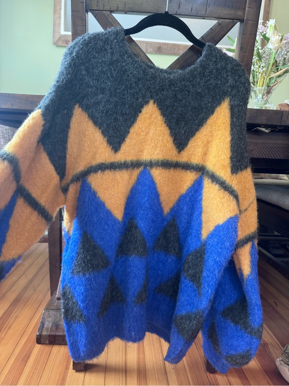 BDG Geometric Mohair-Blend Crewneck Sweater in Blue, Orange & Charcoal